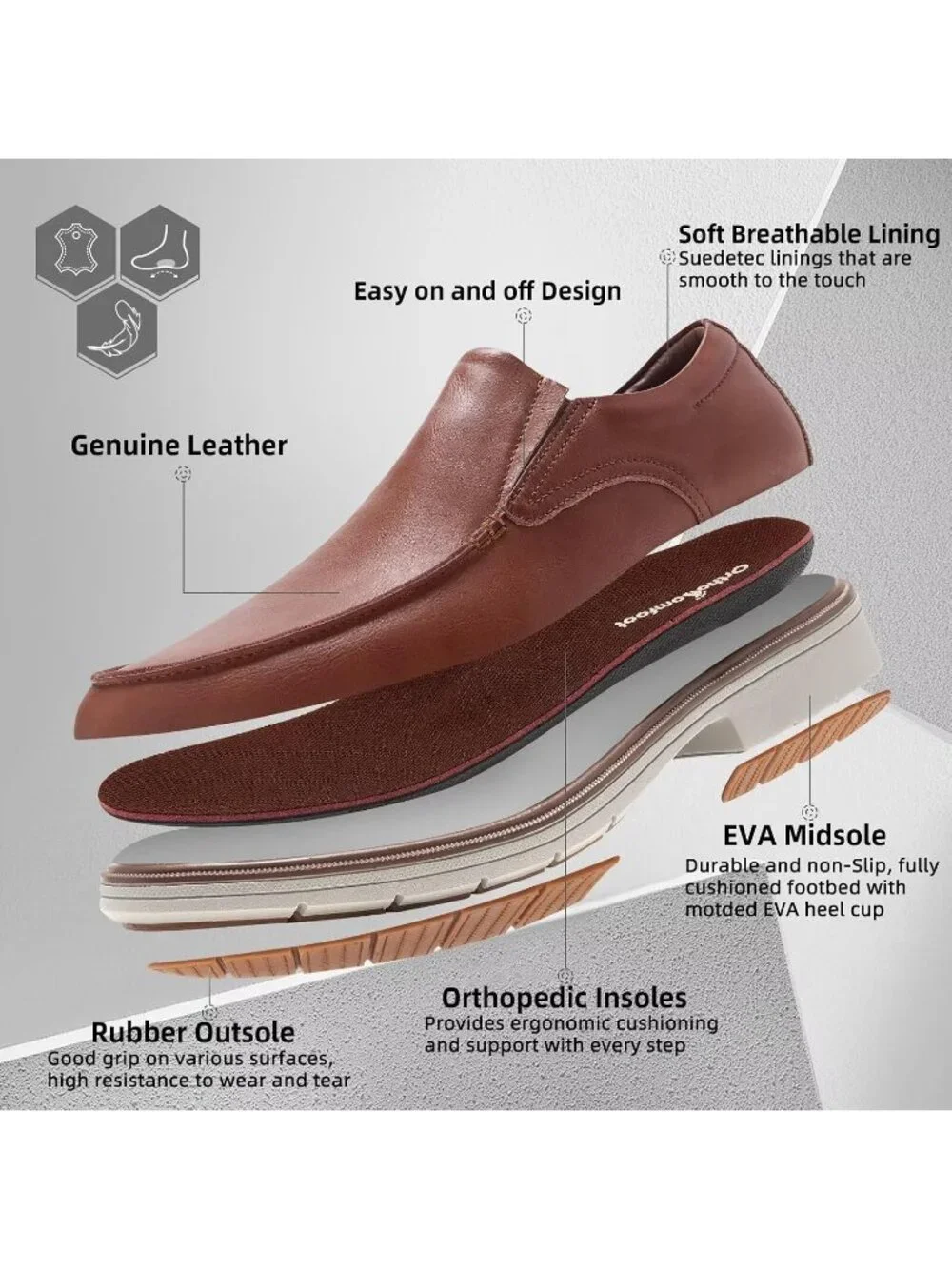 OrthoComfoot Men's Brown Leather Comfortable Formal Tuxedo Slip On Oxford Shoes